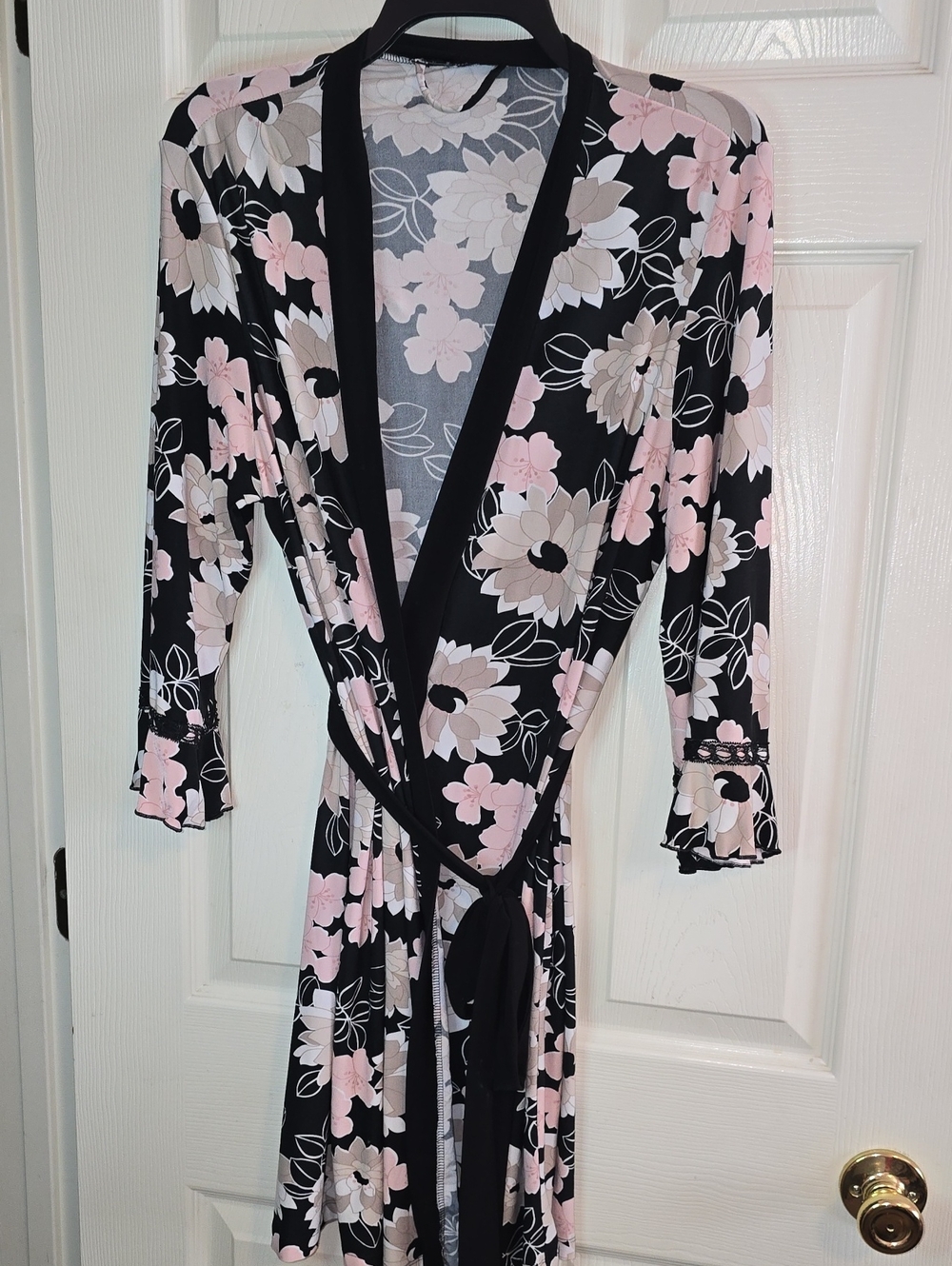 Linea Donatella Black Floral Wrap Robe with Pink and Cream Blooms‎